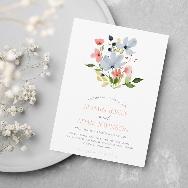 Simple Boho Blue and Pink Floral Wedding Invitation (Creator Uploaded)