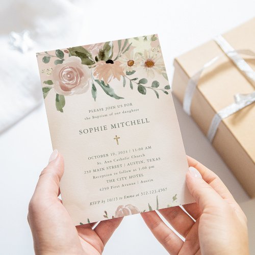 Simple Boho Blush Watercolor Flowers  Baptism Invitation