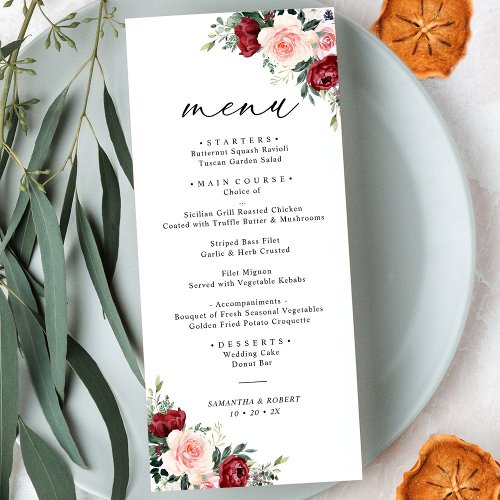 Simple Boho Burgundy Blush Floral Wedding Menu