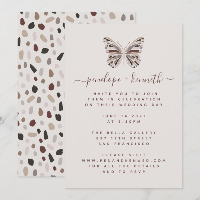 Simple Boho Butterfly Burgundy and Taupe Wedding Invitation (Front/Back)
