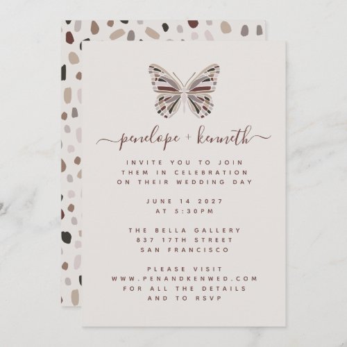 Simple Boho Butterfly Burgundy and Taupe Wedding Invitation