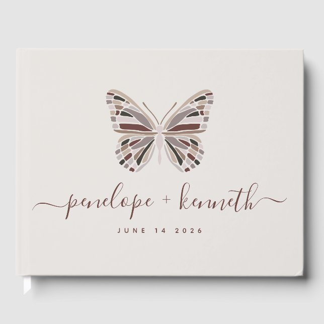 Simple Boho Butterfly Burgundy Taupe Wedding   Guest Book (Front)