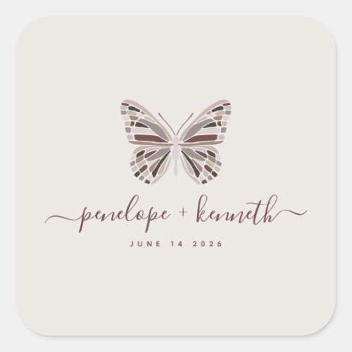 Simple Boho Butterfly Burgundy Taupe Wedding Square Sticker