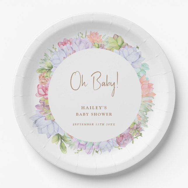 Simple Boho Cactus Desert Oh Baby Shower  Paper Plates (Front)