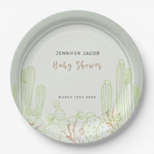 Simple Boho Cactus Line Art Arch Baby Shower Paper Plates