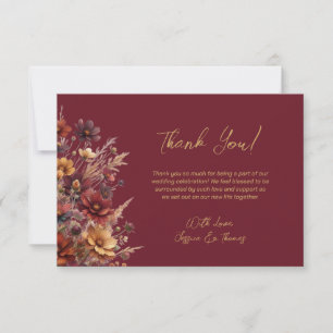 Simple Boho Chic Wildflowers Burgundy Wedding Thank You Card