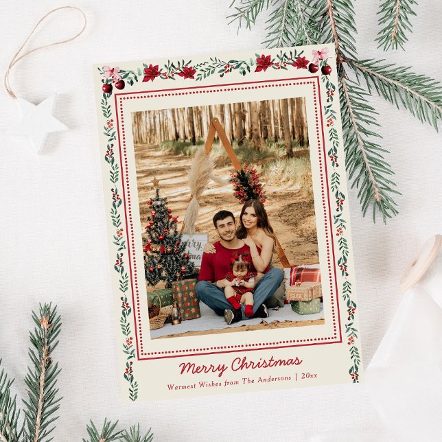 Simple Boho Christmas Greenery Poinsettia 1 Photo Holiday Card (Creator Uploaded)