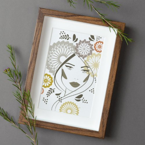 Simple Boho Earth Tones Woman Portrait Floral Poster