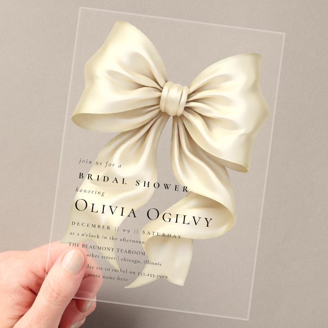 Simple Boho Elegant Ivory Cream Bow Bridal Shower Acrylic Invitations (Creator Uploaded)