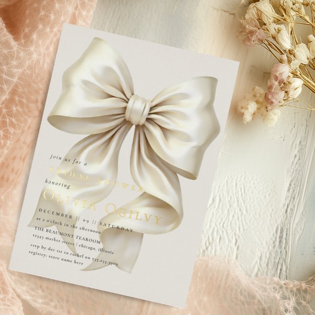 Simple Boho Elegant Ivory Cream Bow Bridal Shower Foil Invitation (Creator Uploaded)