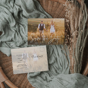 Simple Boho   Elegant Script Photo Save the Date Announcement Postcard