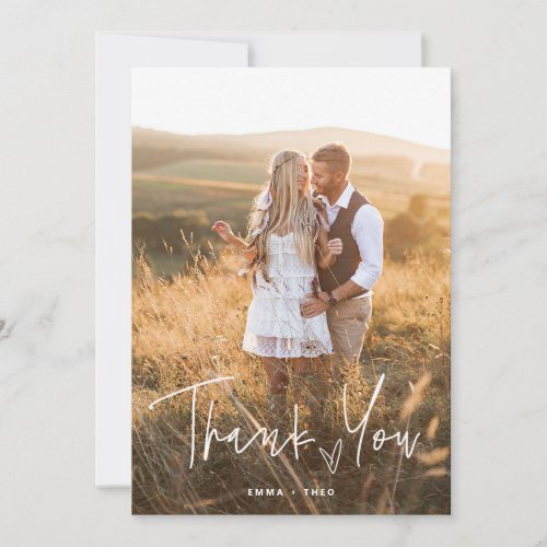 Simple Boho  Elegant Script with Heart and Photos Thank You Card