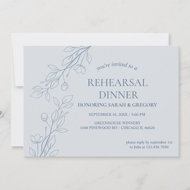 Simple Boho Floral Dusty Blue Rehearsal Dinner  Invitation (Front)