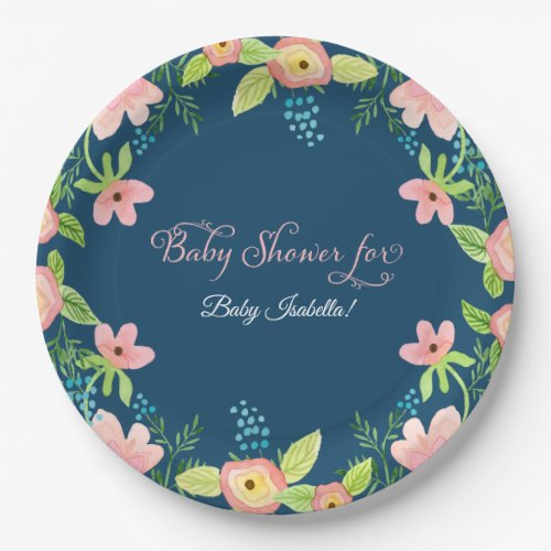 Simple Boho Floral Modern Baby Girl Watercolor Art Paper Plates
