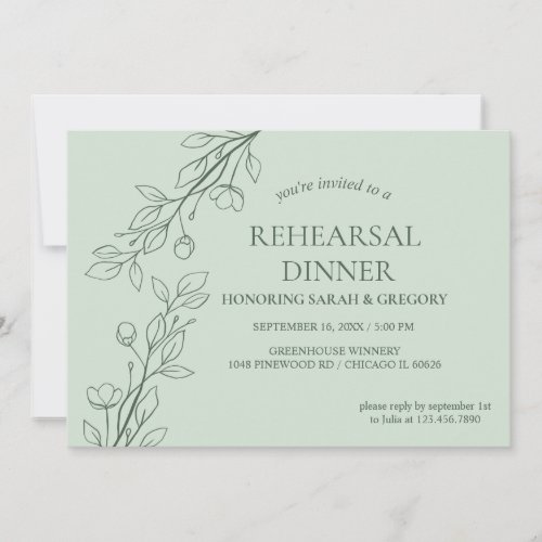 Simple Boho Floral Sage Green Rehearsal Dinner  Invitation