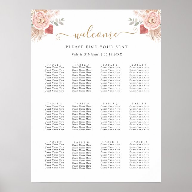 Simple Boho Florals Wedding Seating Chart (Front)