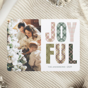 Simple Boho Green Christmas Joyful Plaid Holiday Card