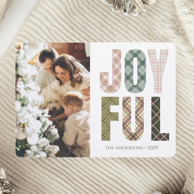 Simple Boho Green Christmas Joyful Plaid  Holiday Card (Creator Uploaded)