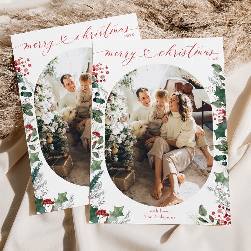 Simple Boho Greenery 1 Photo Family Christmas  Holiday Card