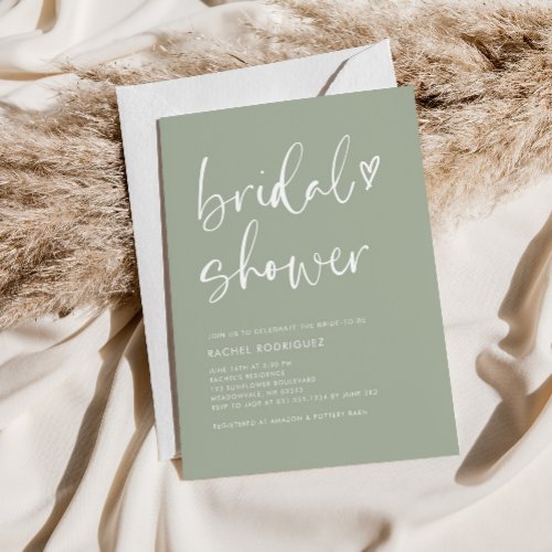 Simple Boho Handwritten Sage Green Bridal Shower   Invitation