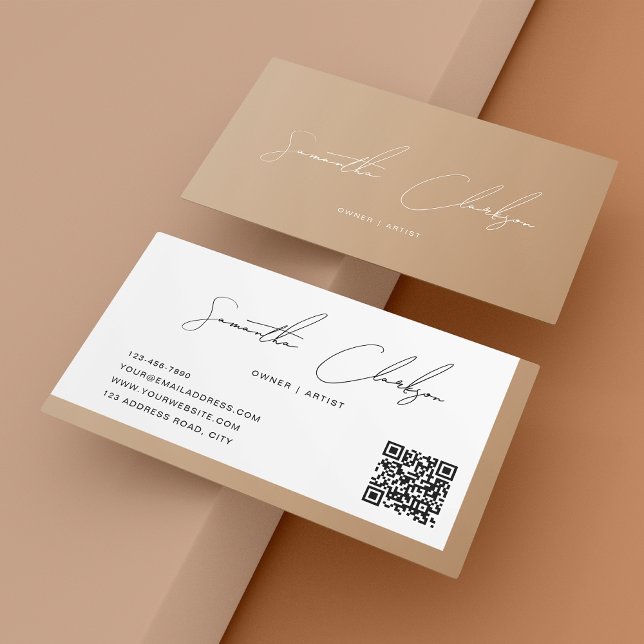Simple Boho Modern Handwritten Script QR code Business Card (Creator Uploaded)