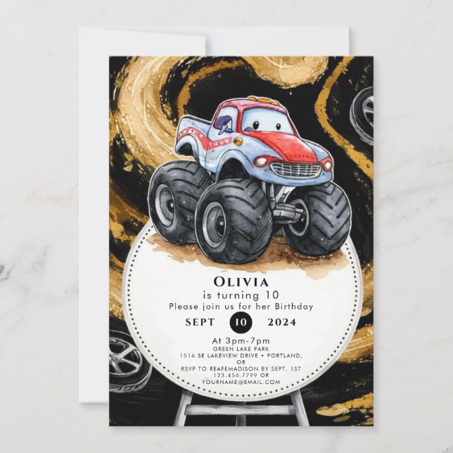 Simple Boho Monster Truck Birthday Invitation (Front)