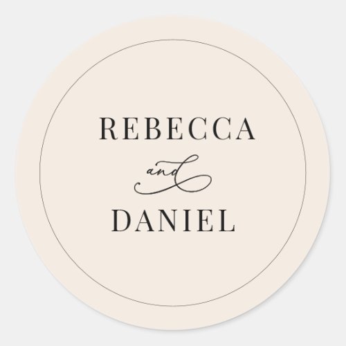 Simple Boho Neutral Blush Personalized Wedding Classic Round Sticker - Designed to coordinate with our Romantic Script wedding collection, this customizable names Sticker, features a calligraphy graphic ampersand, paired with a classy serif font in black. Matching items available.