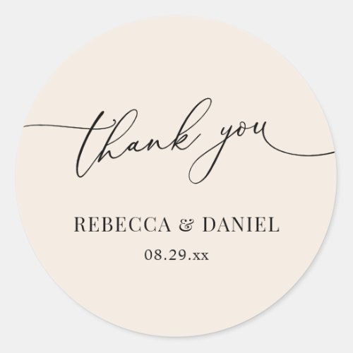 Simple Boho Neutral Blush Thank You Favors Classic Round Sticker - Designed to coordinate with our Romantic Script wedding collection, this customizable names Sticker, features a calligraphy graphic ampersand, paired with a classy serif font in black. Matching items available.