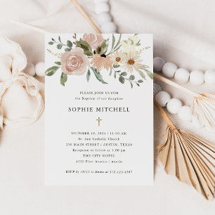 Simple Boho Neutral Watercolor Flowers   Baptism Invitation