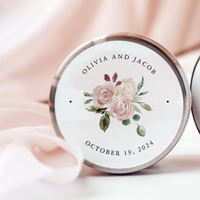 Simple Boho Neutral Watercolor Flowers | Wedding Classic Round Sticker (A boho, floral sticker in neutral colors with a white and blush pink background)