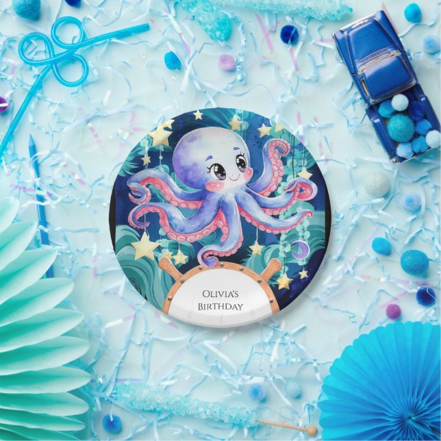Simple Boho Octopus Birthday Paper Plates (Party)