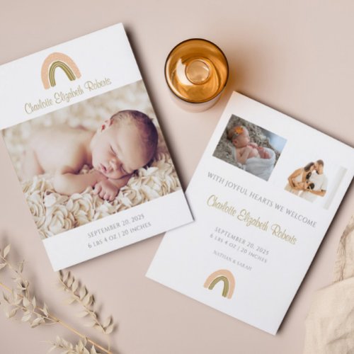 Simple Boho Rainbow Photo Birth Announcement Card