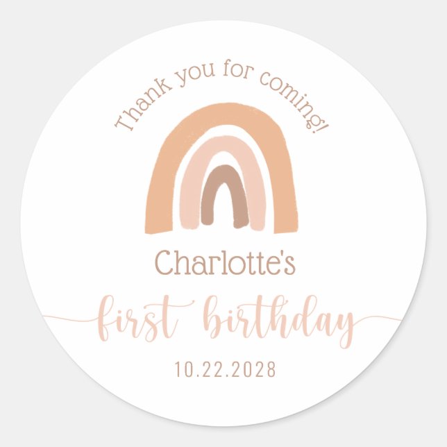Simple Boho Rainbow Pink Pastel First Birthday Classic Round Sticker (Front)