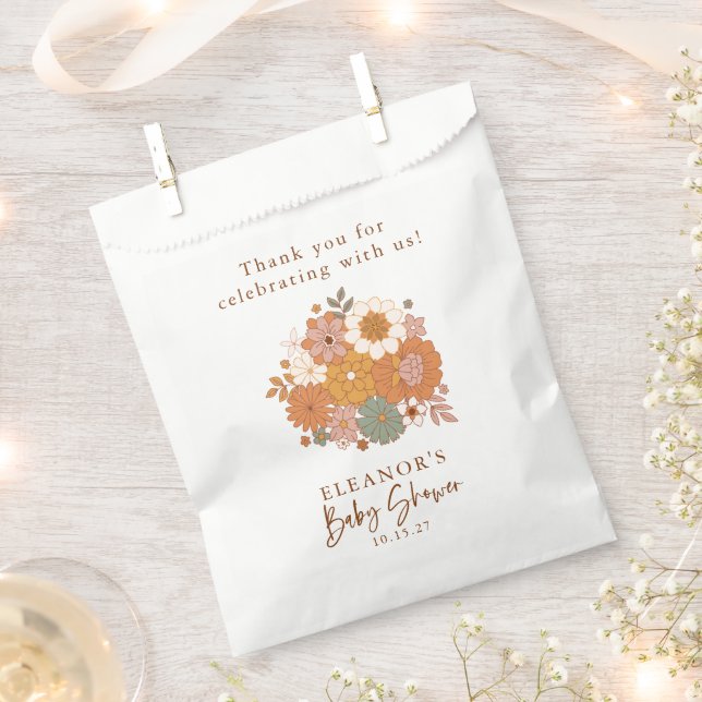 Simple Boho Retro Floral Baby Shower Custom Name Favor Bag (Clipped)