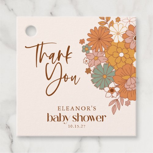 Simple Boho Retro Floral Baby Shower Custom Name Favor Tags