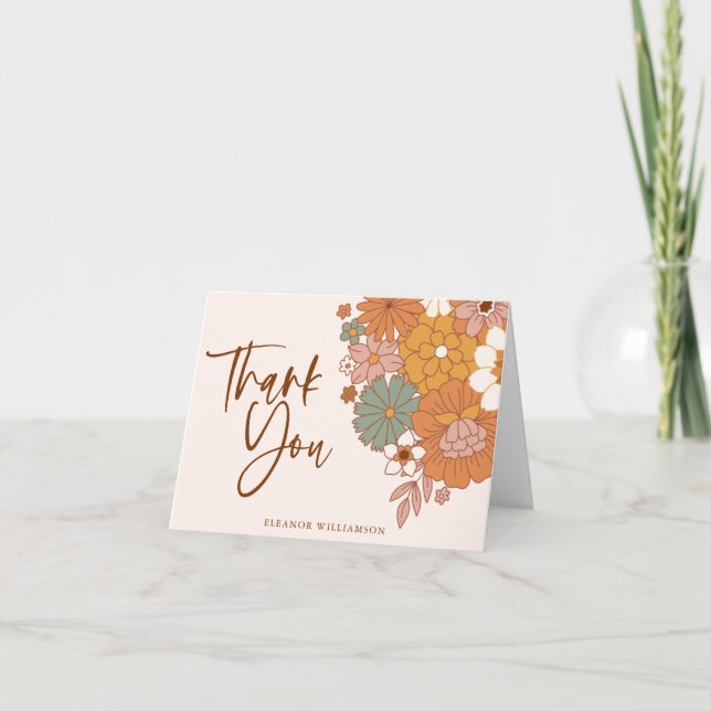 Simple Boho Retro Floral Bridal Shower Custom Name Thank You Card (Front)
