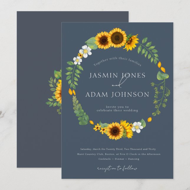 Simple Boho Royal Blue Opulence Sunflowers Wedding Invitation (Front/Back)