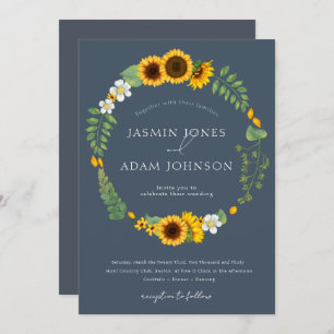 Simple Boho Royal Blue Opulence Sunflowers Wedding Invitation