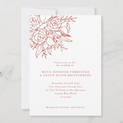 Simple Boho Terracotta Line Art Floral Wedding Invitation