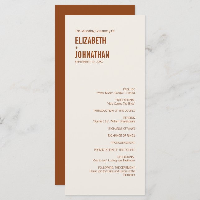 Simple Boho Terracotta Typography Wedding Program (Front/Back)