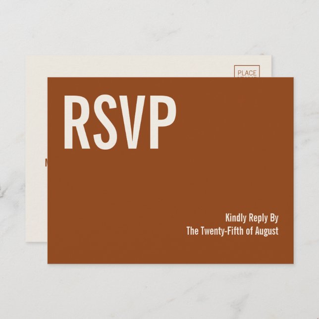 Simple Boho Terracotta Typography Wedding RSVP Invitation Postcard (Front/Back)