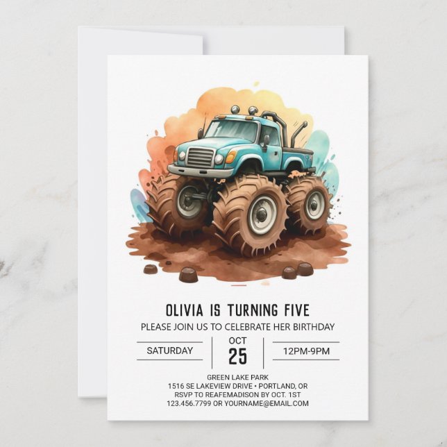Simple Boho Wheels Monster Truck Birthday Invitation (Front)