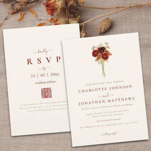 Simple Boho Wildflower Brown Orange Wedding Invitation