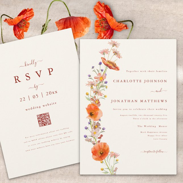 Simple Boho Wildflower Fall Wedding Invitation (Elegant boho wildflower fall wedding invitation with qr code and burnt orange script )