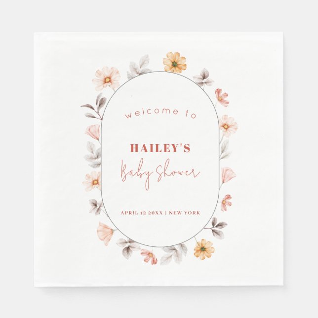 Simple Boho Wildflower Frame Welcome Baby Shower  Napkins (Front)