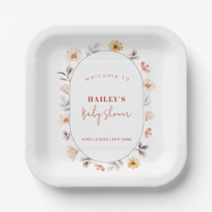 Simple Boho Wildflower Frame Welcome Baby Shower Paper Plates