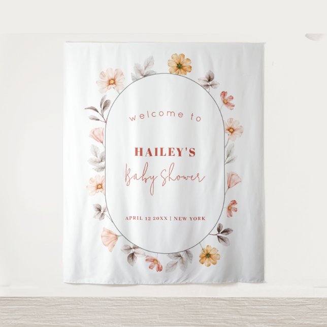 Simple Boho Wildflower Frame Welcome Baby Shower  Tapestry (Front)