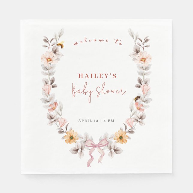 Simple Boho Wildflower Wreath Welcome Baby Shower  Napkins (Front)