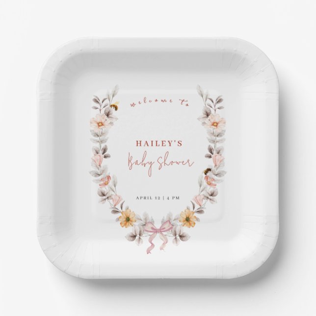 Simple Boho Wildflower Wreath Welcome Baby Shower  Paper Plates (Front)