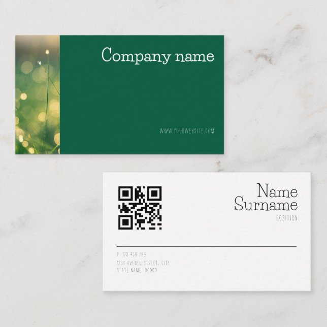 Simple bokeh grass photo QR green Business Card (Front/Back)